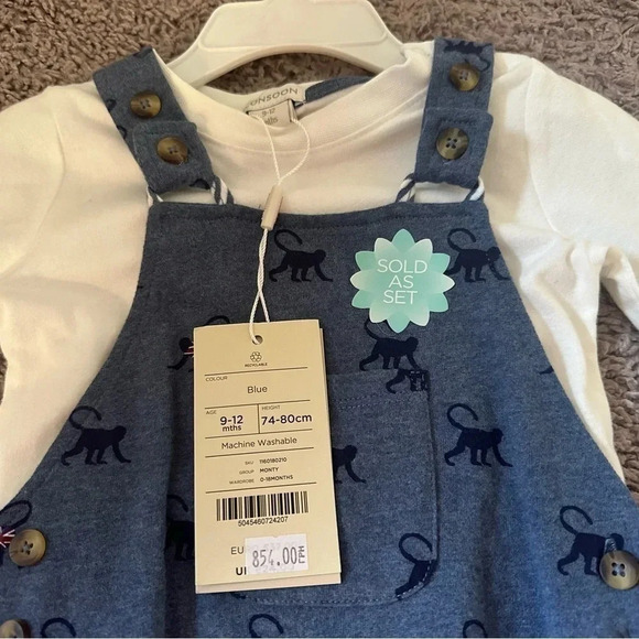 Monsoon Baby Overalls and Long Sleeve Top Set Blue Monkey Print Size 9–12M - Picture 3 of 4